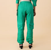 Green Multi Pocket Linen Cargo Jogger Set