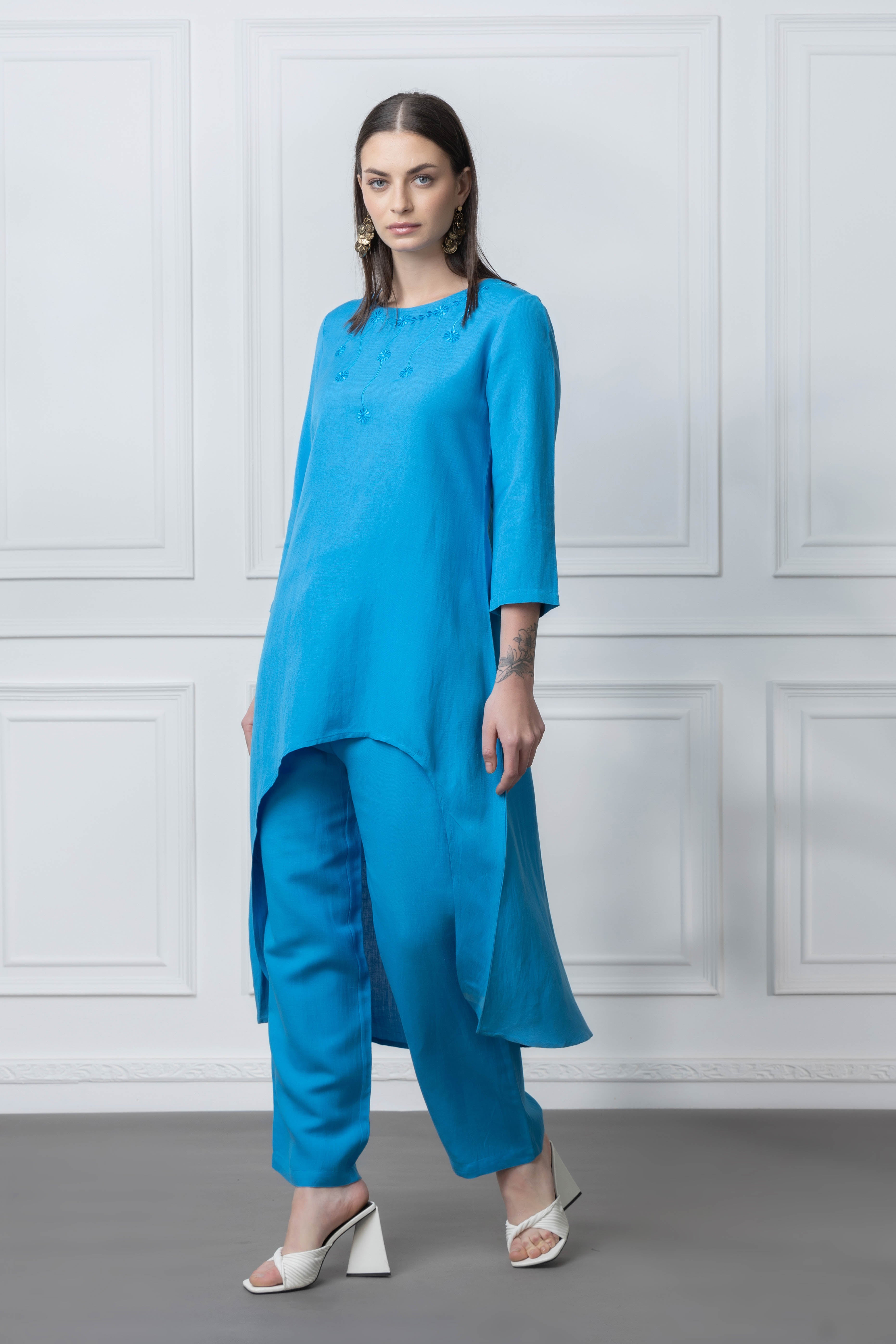 High Low Turquoise Linen Tunic & Pants Co Ord Set