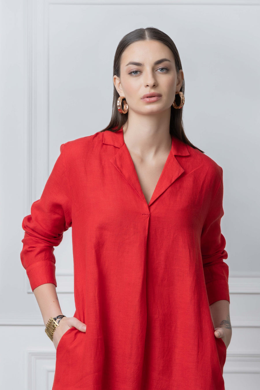 Red Solid Linen Dress