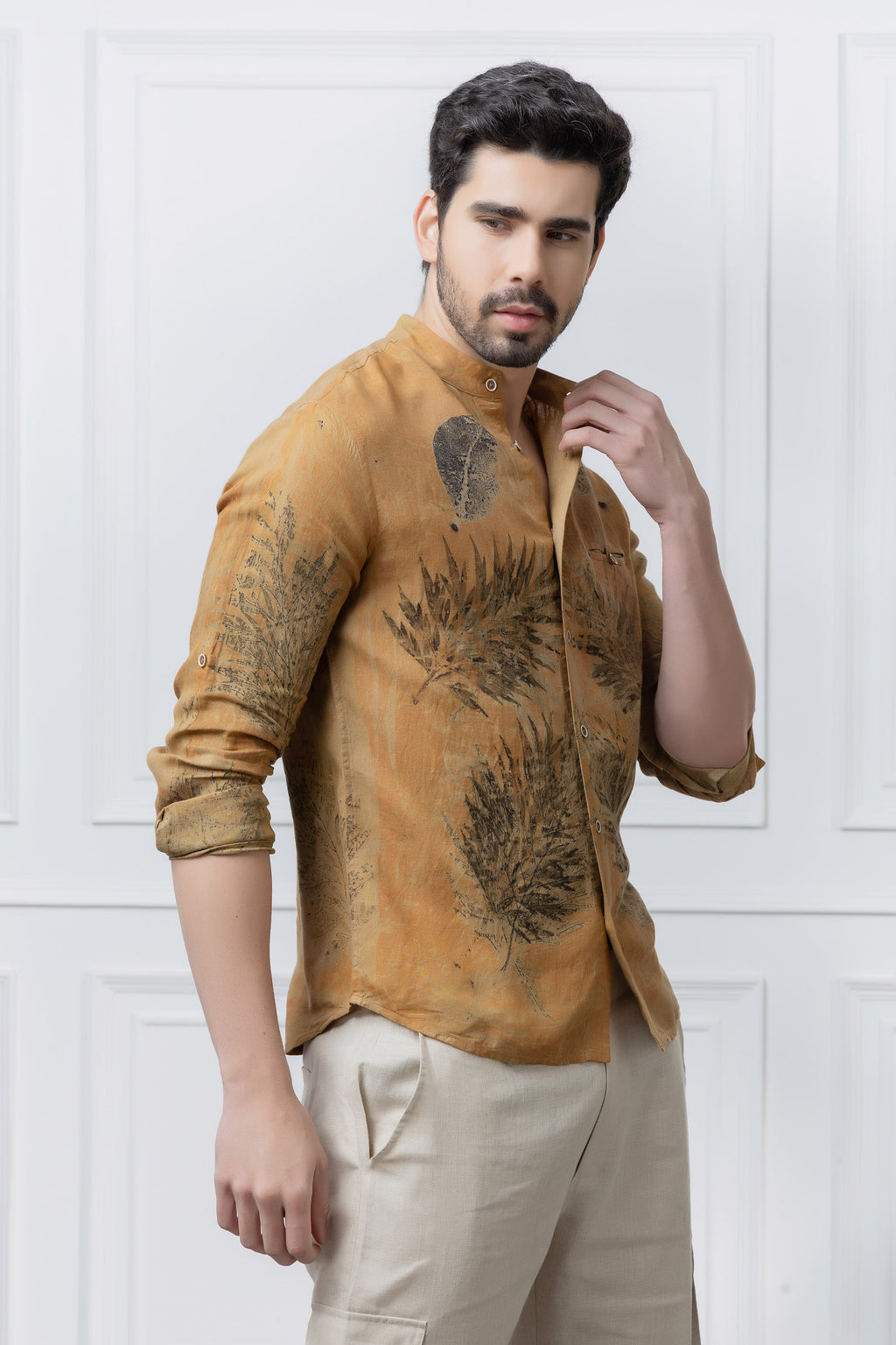 Organic Leaves Print Linen Men's Shirt