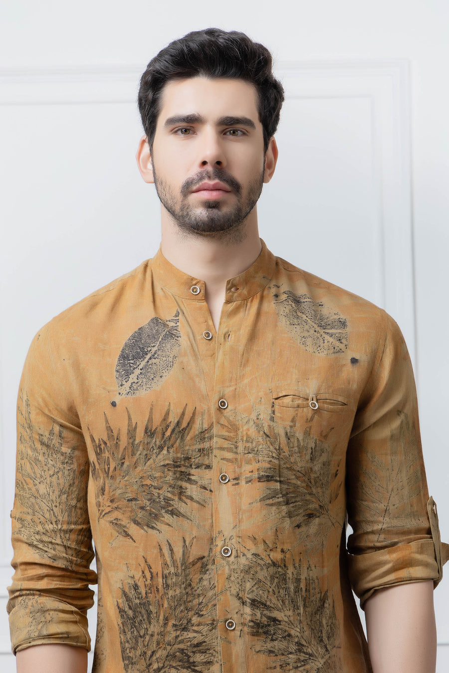 Organic Leaves Print Linen Men's Shirt