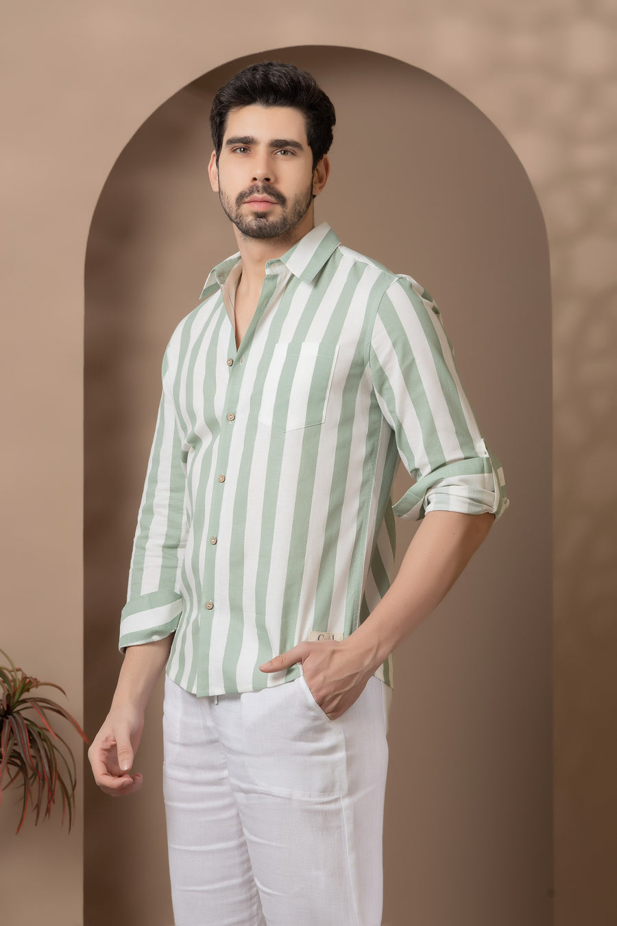 Coral Green Striped Shirt