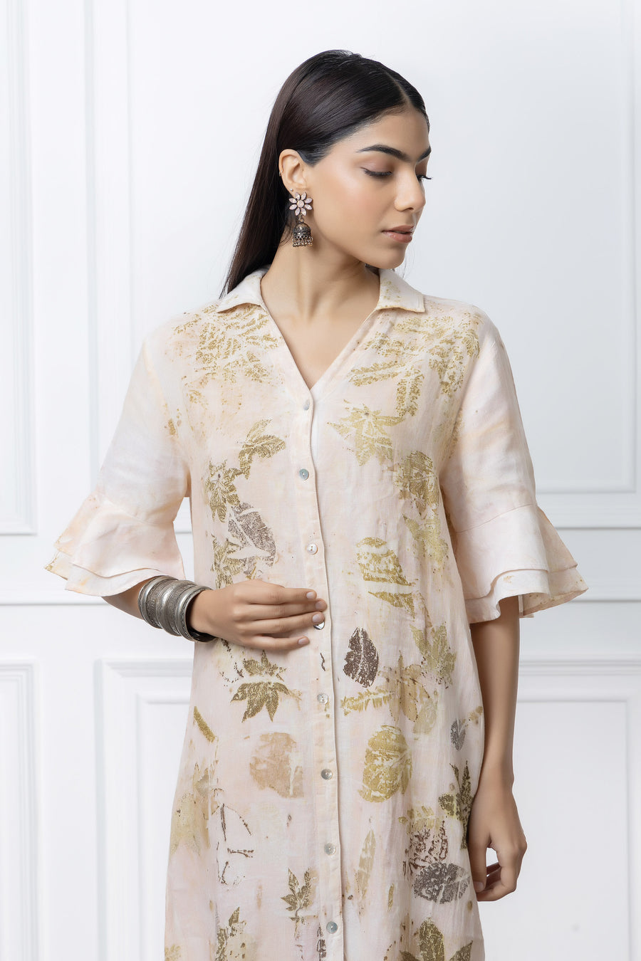 Peach Herbal Leaf Print Linen Dress