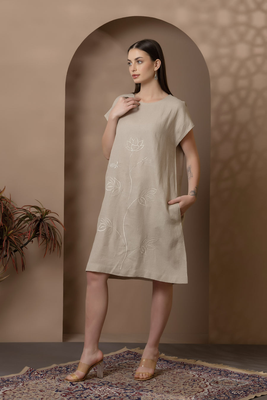 Natural Linen Dress With Lotus Embroidery