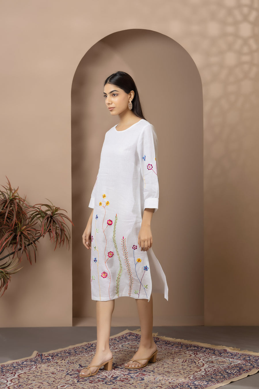 White Linen Embroidered Midi Dress