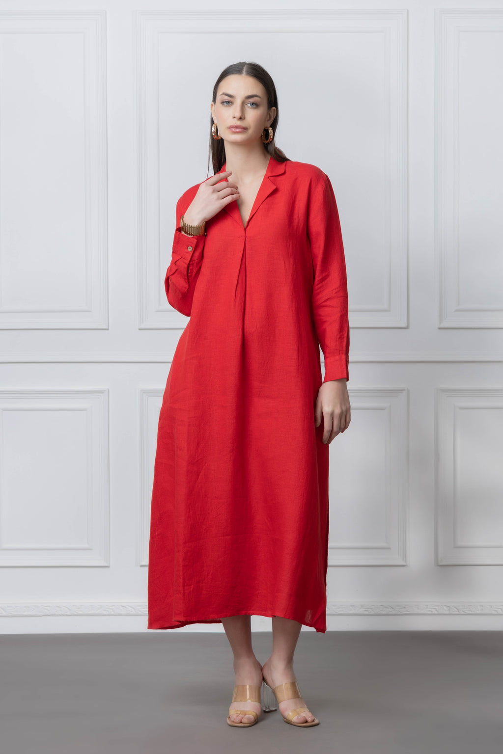 Red Solid Linen Dress