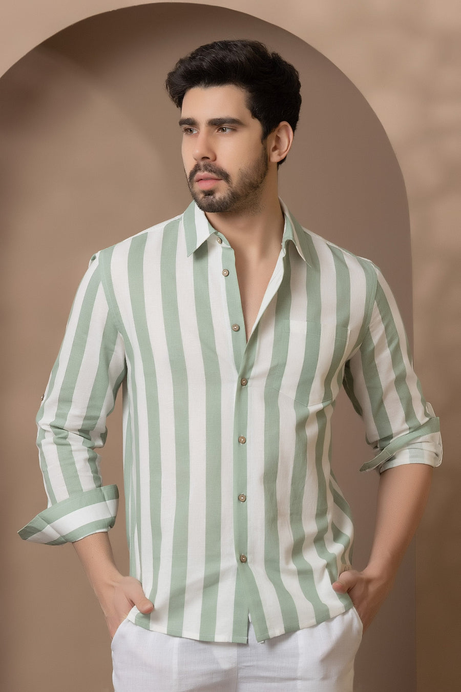 Coral Green Striped Shirt